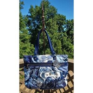 Coach Poppy 15375 Applique Glam Large Denim Blue Fabric Tote Shopper Bag